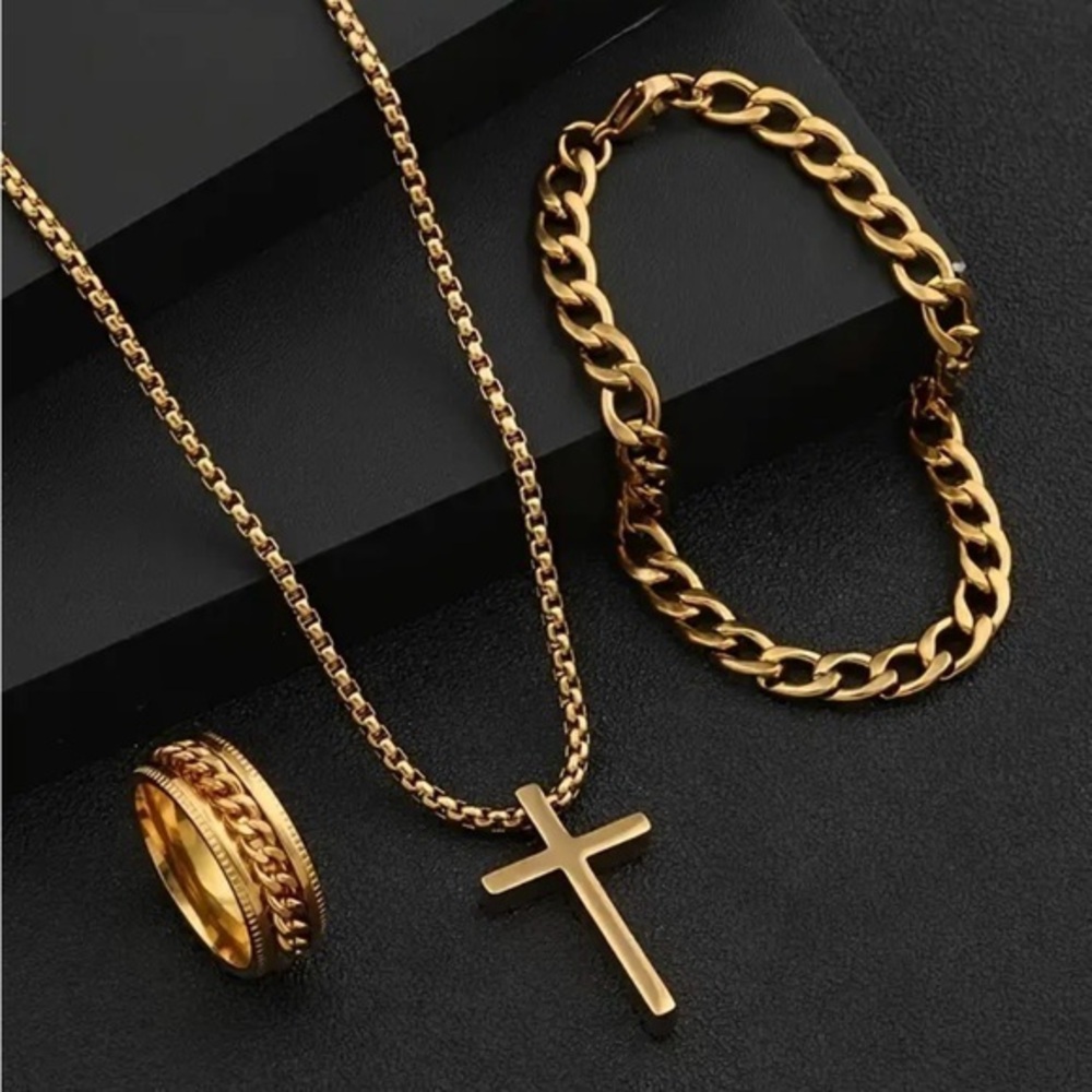 Gold Cross Necklace, Ring Bracelet NWT